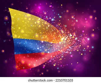 Colombia, vector 3d flag on pink purple background with lighting and flares