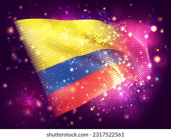 Colombia, vector 3d flag on pink purple background with lighting and flares