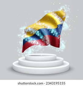 Colombia, vector 3d flag on the podium surrounded by a whirlwind of magical radiance