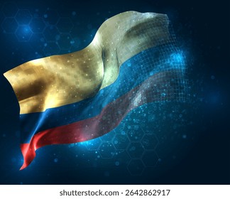 Colombia, vector 3d flag virtual triangular polygons on a blue background