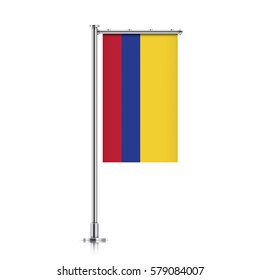 Colombia vector banner flag hanging on a silver metallic pole. Colombia vertical flag template isolated on a white background.