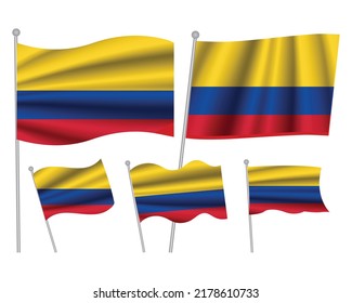 Colombia vector flags set. 5 wavy 3D cloth pennants fluttering on the wind. EPS 10 created using gradient meshes isolated on white background. Five flagstaff design elements from world collection
