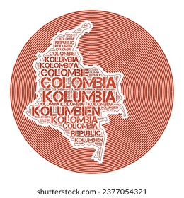 Imagen del vector de Colombia. Diseño de logotipo de campo. Afiche colombiano en arcos circulares y estilo nube de palabras. Ilustración vectorial atractiva.