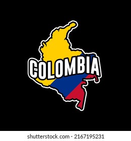 Imagen de silueta de mapa vector colombiano aislada en fondo negro. Pegatina, hecha en Colombia, mapa, silueta, bandera, emblema, identidad, nación.
