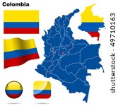 Colombia vector set. Detailed country shape with region borders, flags and icons isolated on white background.