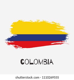 Colombia vector watercolor national country flag icon. Hand drawn illustration with dry brush stains, strokes, spots isolated on gray background. Painted grunge style texture for poster, banner design