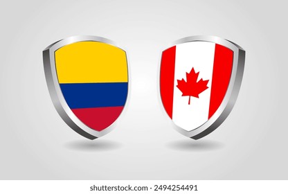 Colombia vs Canada flag shields on a white background, Football soccer championship competition vector illustration