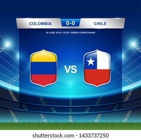 Colombia vs Chile scoreboard broadcast template for sport soccer south america's tournament 2019 round quarter finals and football championship vector illustration
