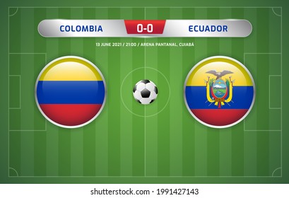 Colombia vs Ecuador scoreboard broadcast template for sport soccer south america's tournament 2021 and football championship vector illustration