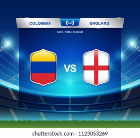 Colombia vs England scoreboard broadcast template for sport soccer 2018 and football league or world tournament championship vector illustration