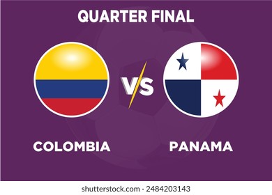 Colombia vs Panamá, Cuartos de Final, Junio 2024 en Competición de Futbol Banderas rivales de ambos Equipos con forma de futbol.Aislado con color púrpura y futbol.Archivo EPS editable.Partido de futbol Colm VS Pana