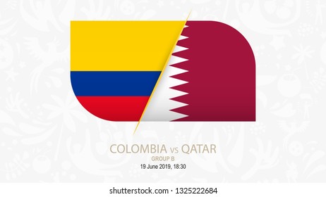 Colombia vs Qatar, Football competition on gray soccer background.