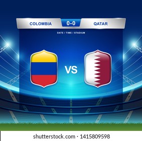 Colombia vs Qatar scoreboard broadcast template for sport soccer south america's tournament 2019 group B and football championship vector illustration