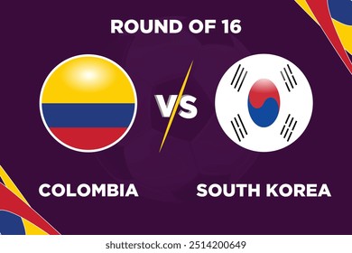 Colombia vs Corea del Sur, en Fútbol Competición Banderas rivales de ambos Equipos con forma futbolística. Aislar con color púrpura y fútbol. Archivo EPS editable. Partido de fútbol COL VS SK. Ronda de 16.