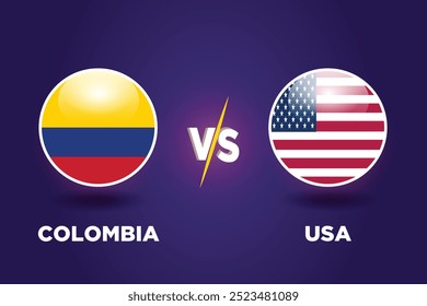 Colombia vs EE.UU. Concepto de Copa de Fútbol. Plantilla gráfica de fútbol. Banderas rivales de ambos Equipos con forma futbolística. COL VS USA partido de fútbol.