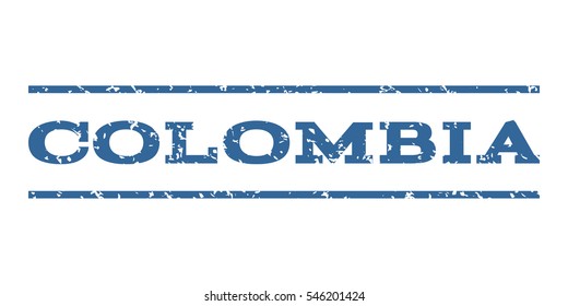 Colombia watermark stamp. Text caption between horizontal parallel lines with grunge design style. Rubber seal stamp with unclean texture. Vector cobalt color ink imprint on a white background.