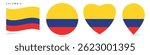 Colombia waving flag, round circle sticker badge, heart shaped icon, map pin. Colombian flag buttons of different shapes. Vector illustration isolated on white.