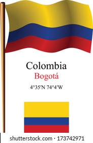 colombia wavy flag and coordinates against white background, vector art illustration, image contains transparency