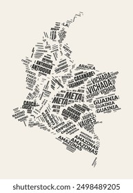 Colombia Word Cloud. Country with regions division. Colombia typographic text clouds vector image design. Vintage gazette style country shape image. Elegant vector illustration.