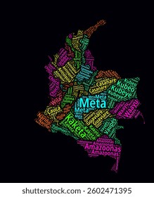 Colombia word cloud. Region names of the country in Spanish language. Bright neon style design on dark background. Colombia shape with administrative division. Awesome vector illustration.