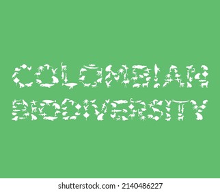 Colombian biodiversity lettering sign formed with colombian animals over green background