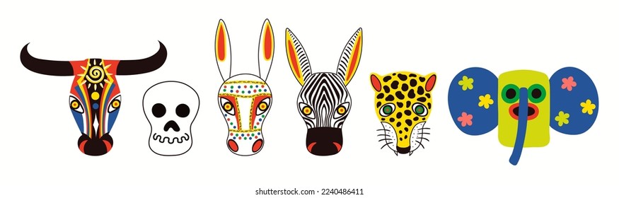 Colombian carnival traditional animal bull, donkey, leopard, zebra, death, marimonda masks, isolated on white. Hand drawn vector illustration. Barranquilla concept. Poster, banner design element