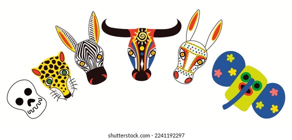 Colombian carnival traditional animal bull, donkey, leopard, zebra, death, marimonda masks, isolated on white. Hand drawn vector illustration. Barranquilla concept. Poster, banner design element