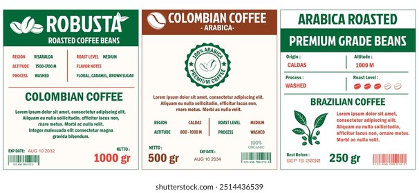 Colombian Coffee Labels template simple flat style in cmyk mode with two tone color.