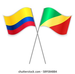 Colombian and Congolese crossed flags. Colombia combined with Republic of the Congo isolated on white. Language learning, international business or travel concept.