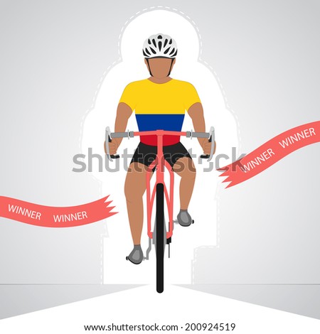 Colombian cyclist in front view crossing red finish line vector isolated illustration