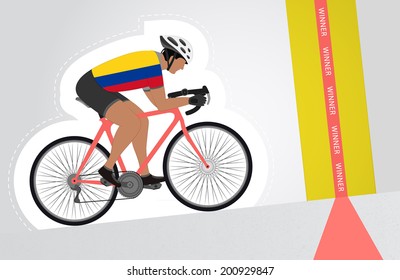 Colombian cyclist riding upwards to finish line vector isolated illustration