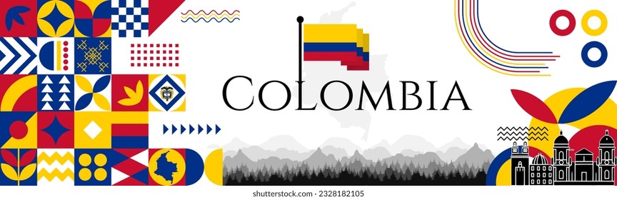 Colombian Declaration of Independence Day abstract banner design with flag and map. Flag color theme geometric pattern retro modern Illustration design. Yellow, Blue and red flag color template. svg