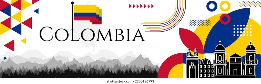 Colombian Declaration of Independence Day abstract banner design with flag and map. Flag color theme geometric pattern retro modern Illustration design. Yellow, Blue and red flag color template.