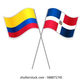 Colombian and Dominican crossed flags. Colombia combined with Dominican Republic isolated on white. 