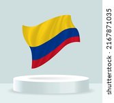 Colombian flag. 3d rendering of the flag displayed on the stand. Waving flag in modern pastel colors. Flag drawing, shading and color on separate layers, neatly in groups for easy editing.