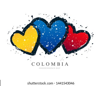 Colombian flag in the form of three hearts. Vector illustration on white background. Brush strokes drawn by hand. Independence Day.