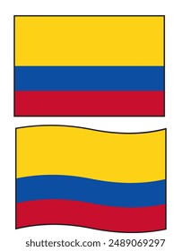 The COLOMBIAN flag is horizontally colored yellow, blue and red. The yellow color is at the top and most dominant, while the blue and red colors are smaller. One flag is square, while the other wave