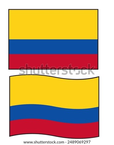 The COLOMBIAN flag is horizontally colored yellow, blue and red. The yellow color is at the top and most dominant, while the blue and red colors are smaller. One flag is square, while the other wave