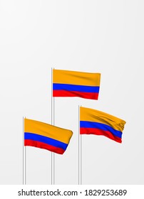 Colombian flag for independence day. Flagpoles and fabrics flutter in the 3D wavy wind