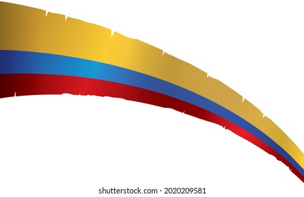 Colombian flag with ragged borders and descending position, over white background.