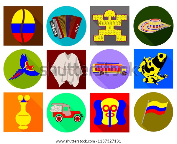 Colombian flat long shadow icons, Colombian culture,\
vector set