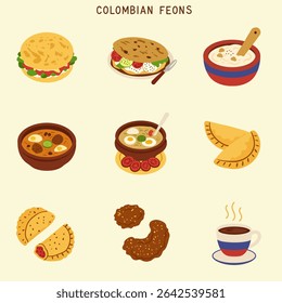 Ícones de comida colombiana com cozinha da América do Sul.