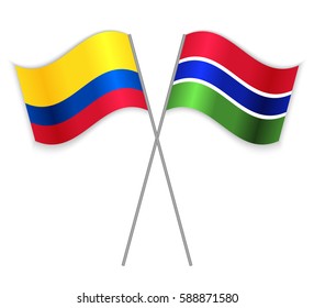 Colombian and Gambian crossed flags. Colombia combined with Gambia isolated on white. Language learning, international business or travel concept.