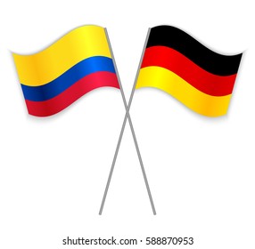 Colombian and German crossed flags. Colombia combined with Germany isolated on white. Language learning, international business or travel concept.