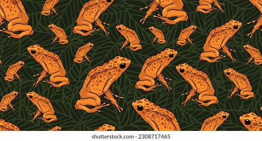 Colombian golden poison frog seamless pattern with leaves background seamless pattern