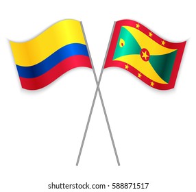 Colombian and Grenadian crossed flags. Colombia combined with Grenada isolated on white. Language learning, international business or travel concept.