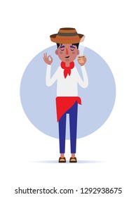 Colombian man in traditional national clothes. Travel to Columbia. People. Man enjoying coffee. Vector flat illustration.