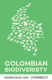 Mapa colombiano formado con animales colombianos con signo de biodiversidad colombiana sobre fondo verde