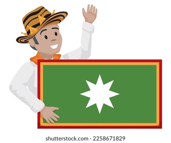 Colombian Momo King character saluting at you and holding sign with Barranquilla's flag design.