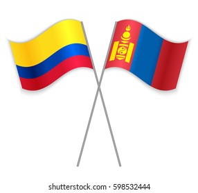 Colombian and Mongolian crossed flags. Colombia combined with Mongolia isolated on white. Language learning, international business or travel concept.